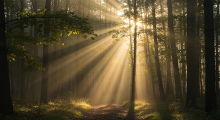 Obraz premium Peaceful forest with sun rays shining through the trees in early morning light