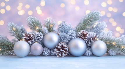 Fototapeta premium Silver ornaments, pine, lights, winter, festive arrangement, holiday card