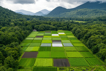 Aerial view of lush, green patchwork farm surrounded by forested hills