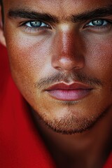 Obraz premium Close-up of a young man with striking blue eyes and rugged features, set against a vibrant background