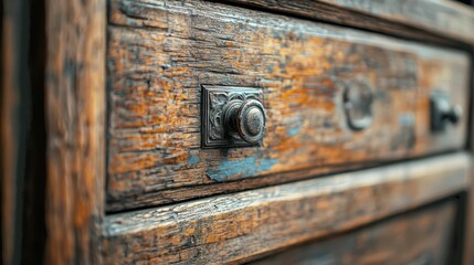Rustic Wooden Drawer Detail with Vintage Knob and Weathered Surface