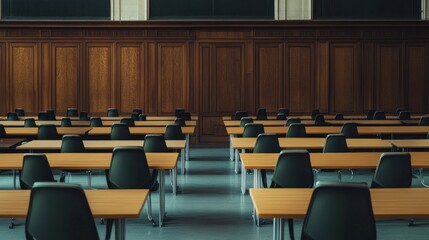 Empty Classroom with Wooden Walls and Desks in a School Setting