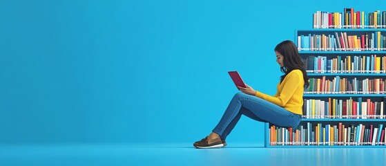 Fototapeta premium Digital libraries enhancing global access to knowledge, diverse readers with ereaders, seamless virtual shelves, instant access to ebooks, worldwide learning platforms