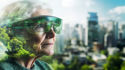 Senior VR experience city view, futuristic technology, nature overlay, potential stock photo