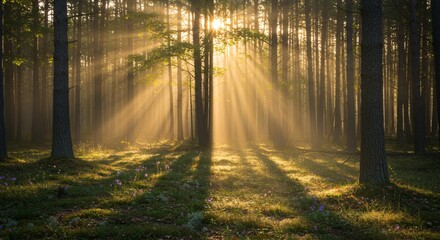 Obraz premium Peaceful forest with sun rays shining through the trees in early morning light