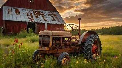 Rusty Antique Tractors in a Golden Vintage Farm Setting at Sunset
