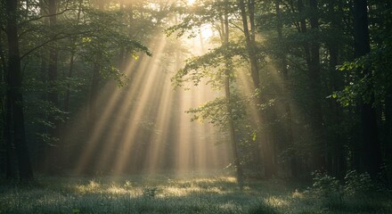 Fototapeta premium Peaceful forest with sun rays shining through the trees in early morning light