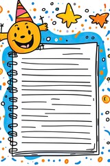 A cheerful yellow sun with a party hat holds a blank notepad with blue and orange confetti around it.
