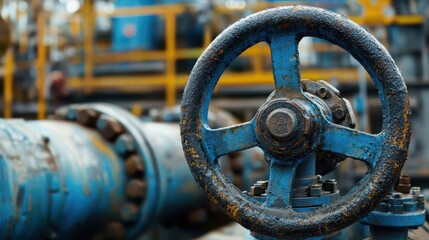 Blue Industrial Valve Wheel with Rusty Pipe in Background