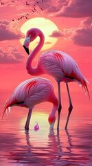 Fototapeta premium Lesser flamingo at sunset beautiful high resolution wallpaper