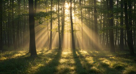 Obraz premium Peaceful forest with sun rays shining through the trees in early morning light