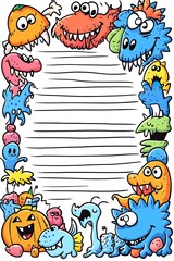 A colorful border of cute monsters and funny characters surrounds a lined white background.