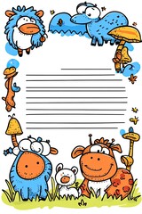 Fototapeta premium A colorful cartoon animal border with a blank lined area for writing.