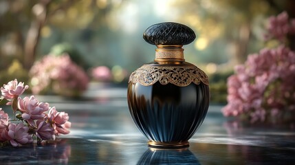 Ornate Perfume Bottle in Garden Setting