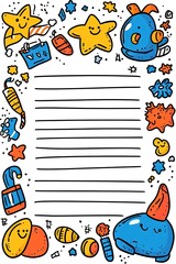 Obraz premium A colorful doodle border with stars, a whale, and a beach umbrella surrounding a blank lined paper space.