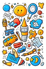 A colorful doodle pattern with a bus, pencil, magnifying glass, clouds, and stars.