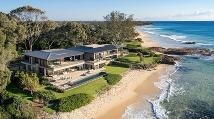 Fototapeta premium A coastal property with a sea level rise projection overlaid onto the landscape