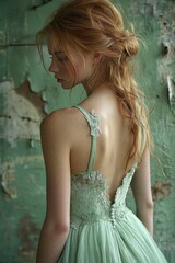 Fototapeta premium Elegant young woman in a mint green dress poses against a rustic backdrop with peeling paint