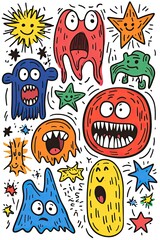 A colorful illustration featuring a variety of cartoon monsters with different expressions and designs, with a playful and fun style.