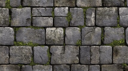 Obraz premium Textured Gray Stone Wall with Moss and Cracks for Background Use