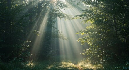 Obraz premium Peaceful forest with sun rays shining through the trees in early morning light