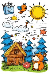 A cute bear stands in front of a cabin in the woods, looking up at a bright sun, birds, and stars.