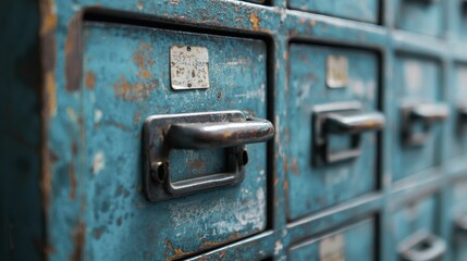 Vintage Blue Filing Cabinet Drawers with Weathered Patina