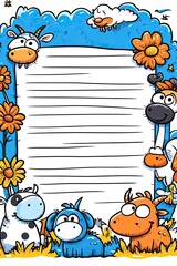 Naklejka premium A cute cartoon farm animals border with lined paper for kids' writing.