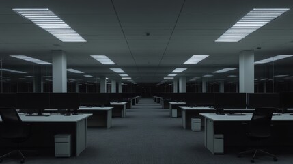 A corporate office space with empty desks, symbolic of mass layoffs,