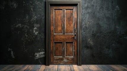 Vintage Wooden Door Against Grunge Wall in Dimly Lit Room