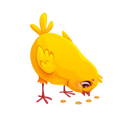 Cartoon chick funny character eating grain. Easter holiday little baby chicken cheerful character, spring newborn tiny chick bird or farm small hen animal cute comical vector personage pecking grains