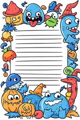 A cute Halloween-themed lined paper with monsters, pumpkins, and hats.