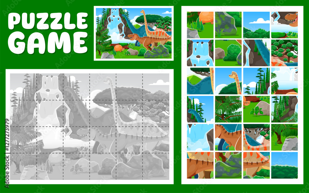 Poster prehistoric dinosaur animals on jigsaw puzzle logic game quiz, cartoon vector worksheet. kids jigsaw