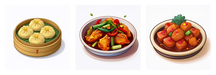 Three bowls of food are displayed, including steamed dumplings in a bamboo basket, a chicken and vegetable stir-fry, and a bowl of saucy red cubes.