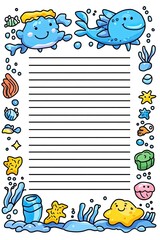 A cute underwater themed lined paper with whimsical sea creatures and ocean elements.