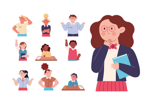 Colorful Flat School Students Emotional Illustration Set