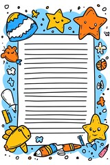 Fototapeta premium A cute, colorful, and whimsical lined paper background with stars, a rocket, and a pencil for a fun and creative writing experience.