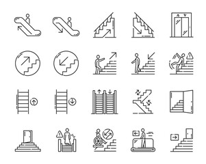 Stairs, escalator and elevator emergency exit line icons, vector up and down arrows. Stairs, emergency exit doors and wheelchair information signs for direction and attention instruction symbols © Vector Tradition