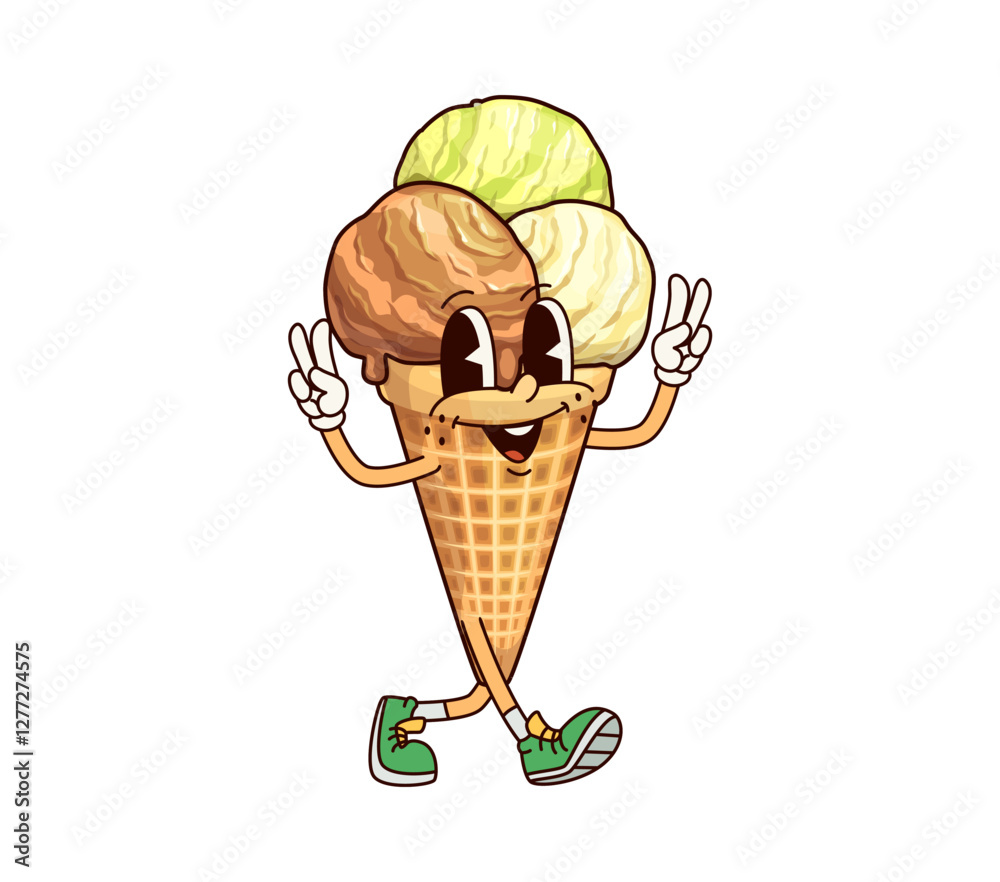 Poster cartoon ice cream cone groovy character. isolated vector summer dessert personage. funny positive wa