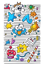 Obraz premium A fun, colorful doodle pattern with cute characters, stars, hearts, and swirls on a striped background.