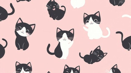 Playful Cat Pattern with Black and White Cats on Pink Background