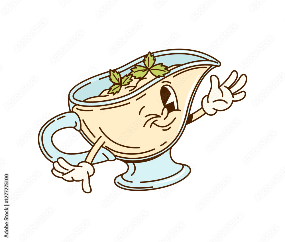 Poster cartoon groovy sauce character in creamer pitcher or jug bowl with funny face, vector emoji. groovy 