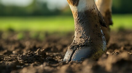 Naklejka premium Close-up of a muddy hoof of a farm animal on soft earth, capturing rural life and the bond of livestock with their environment