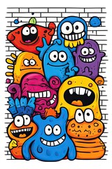 A group of colorful cartoon monsters with big eyes and smiles on a brick wall background.
