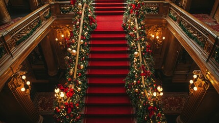 Fototapeta premium Elegant staircase decorated for Christmas with festive ornaments and lights