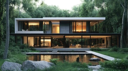 Obraz premium A modern villa with a spacious open-plan design, built to ISO standards