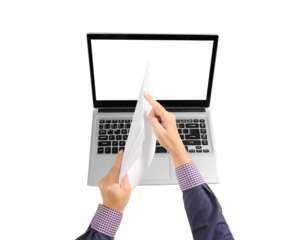 Hands in action submitting documents through laptop screen office environment digital content creation modern workspace creative process