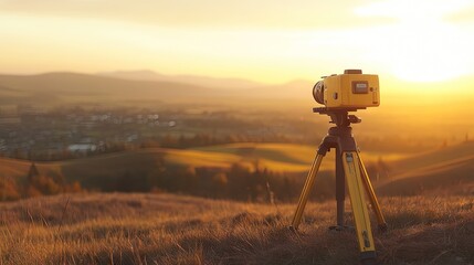 Naklejka premium A professional surveying instrument placed on undeveloped land with landscape in the background