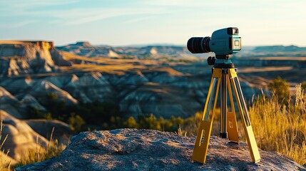 A professional surveying instrument placed on undeveloped land with landscape in the background