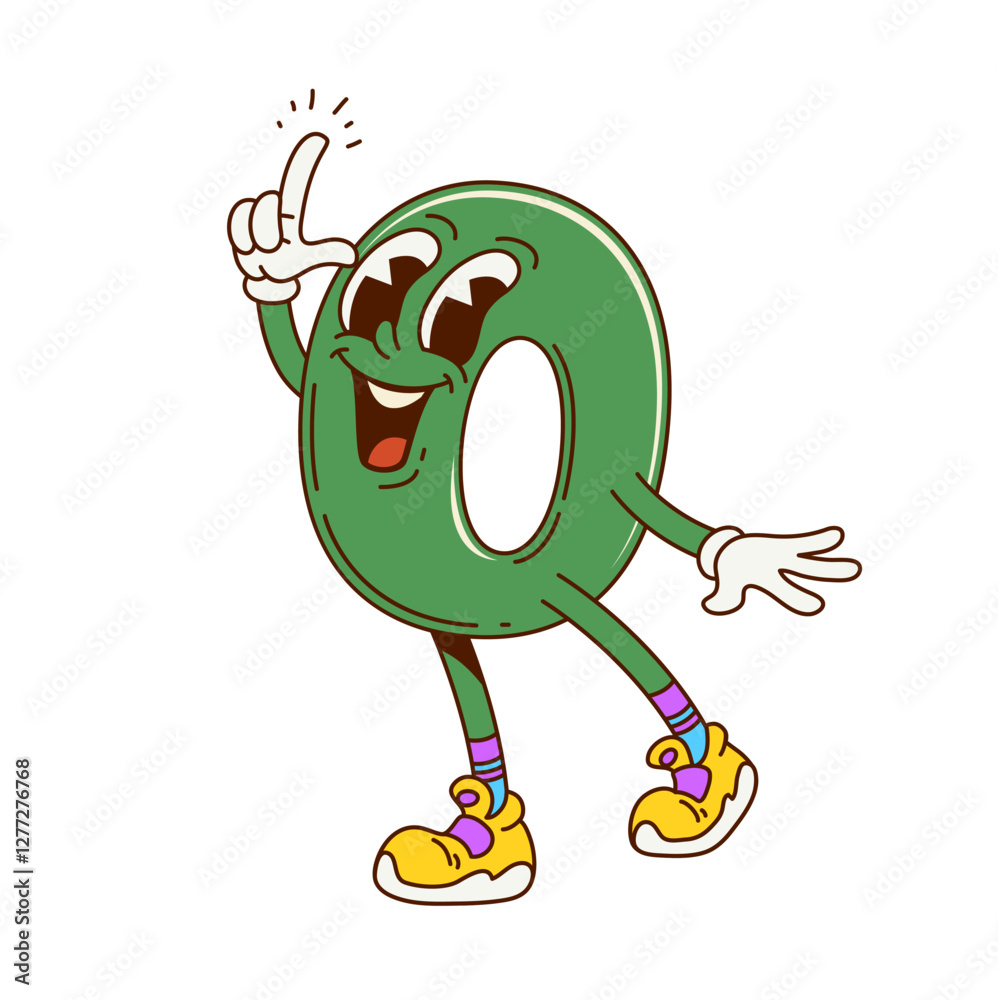 Poster Groovy math number zero character. Mathematics numeric symbol cartoon funny character. School math digit isolated vector happy mascot or kids education number comical cute personage